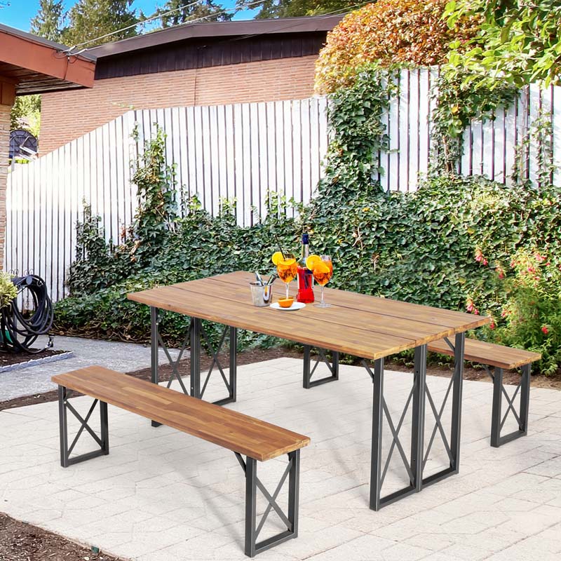 3 Pcs Acacia Wood Outdoor Picnic Table Bench Set with 2" Umbrella Hole, Space-Saving Camping Dining Table Set