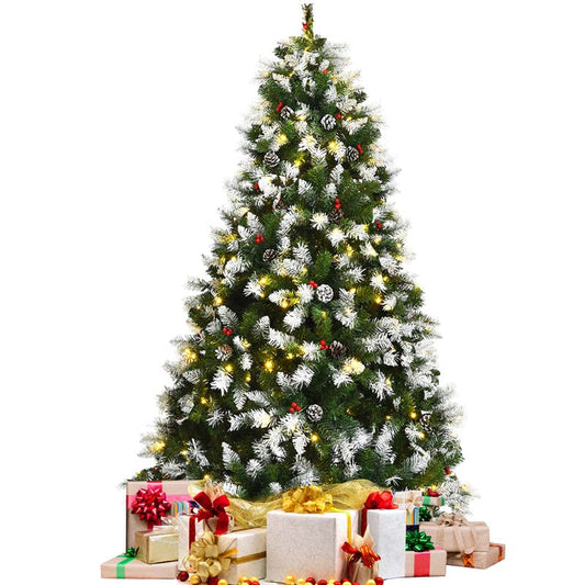 6/7.5/9FT Pre-lit Artificial Christmas Tree, Hinged Snow Flocked Xmas Tree w/Pine Cones, Red Berries & 250/550/900 LED Lights, 8 Lighting Modes