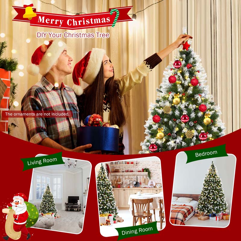6/7.5/9FT Pre-lit Artificial Christmas Tree, Hinged Snow Flocked Xmas Tree w/Pine Cones, Red Berries & 250/550/900 LED Lights, 8 Lighting Modes