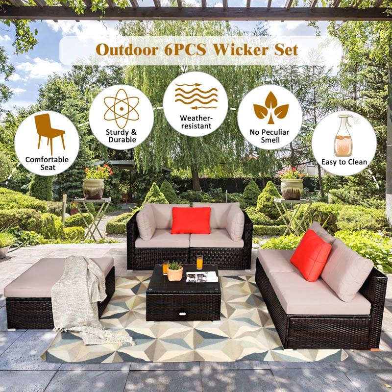6 Pcs Outdoor Rattan Sectional Sofa Set with Coffee Table & Removable Seat & Back Cushions