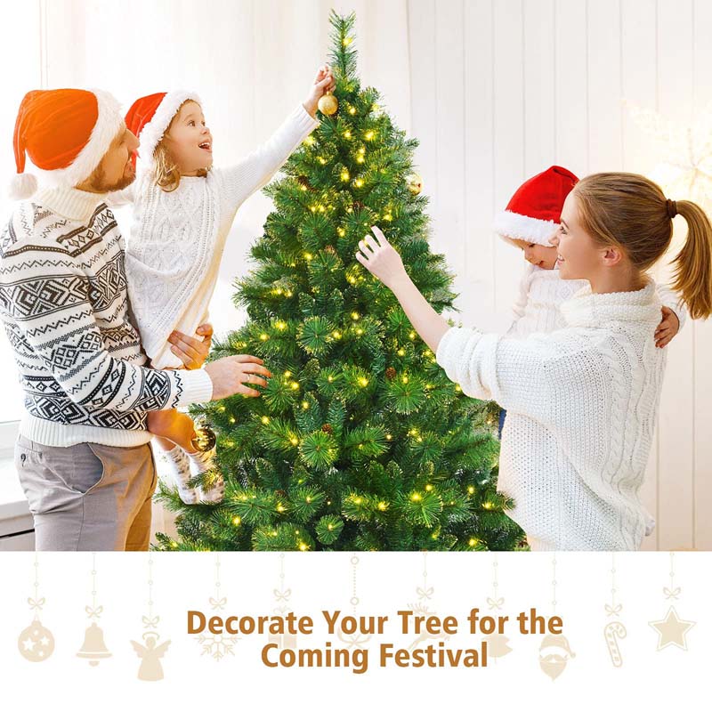 7FT Pre-Lit Christmas Tree with 500 LED Lights Artificial Xmas Tree with 1233 PVC Branch Tips 35 Pine Cones