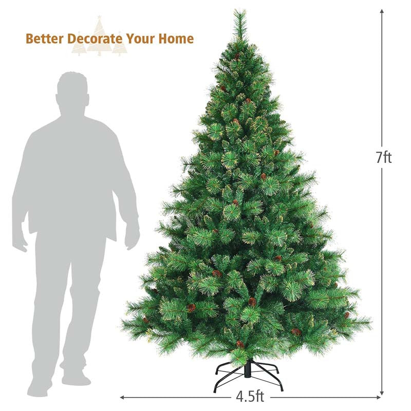 7FT Pre-Lit Christmas Tree with 500 LED Lights Artificial Xmas Tree with 1233 PVC Branch Tips 35 Pine Cones