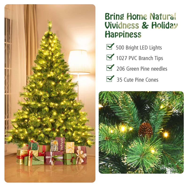 7FT Pre-Lit Christmas Tree with 500 LED Lights Artificial Xmas Tree with 1233 PVC Branch Tips 35 Pine Cones