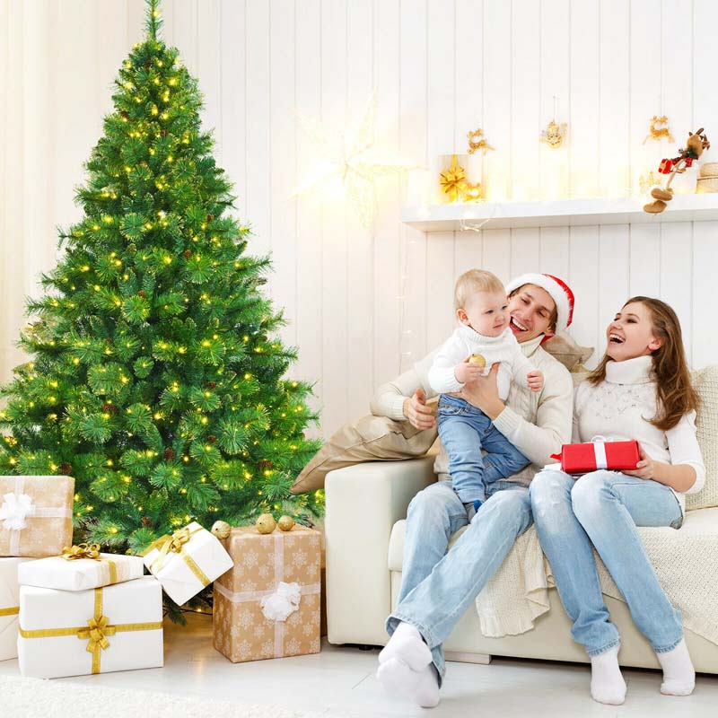 7FT Pre-Lit Christmas Tree with 500 LED Lights Artificial Xmas Tree with 1233 PVC Branch Tips 35 Pine Cones