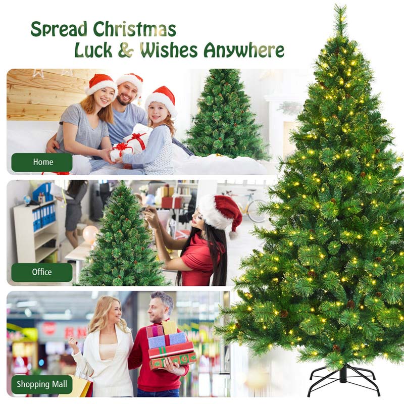 7FT Pre-Lit Christmas Tree with 500 LED Lights Artificial Xmas Tree with 1233 PVC Branch Tips 35 Pine Cones
