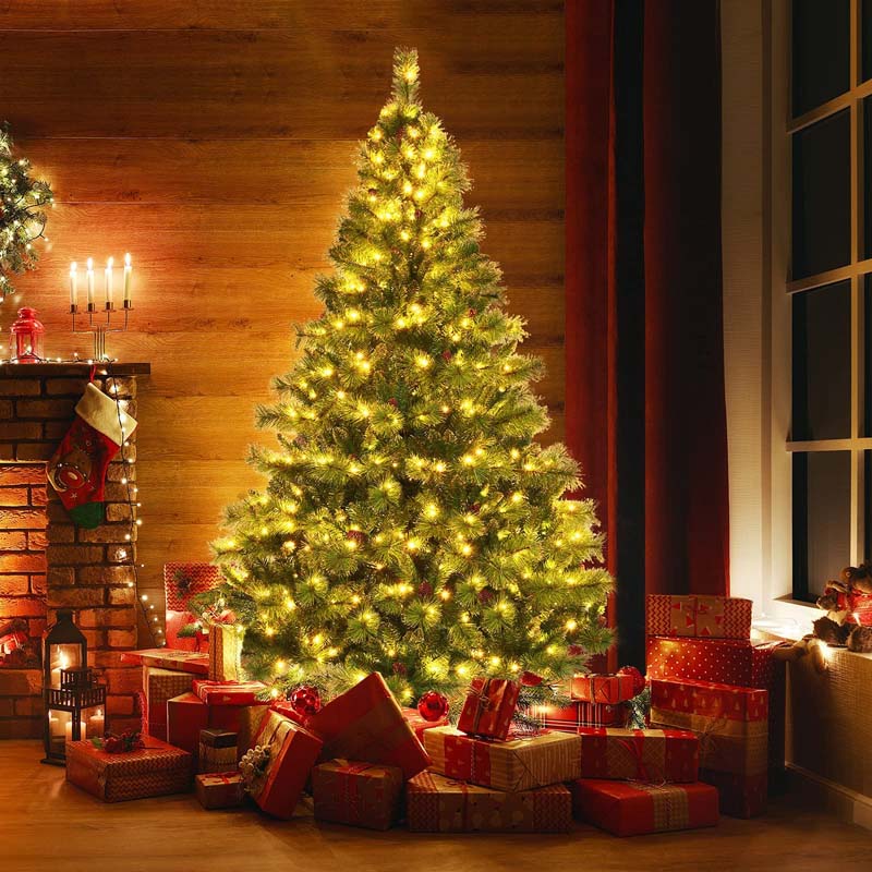 7FT Pre-Lit Christmas Tree with 500 LED Lights Artificial Xmas Tree with 1233 PVC Branch Tips 35 Pine Cones