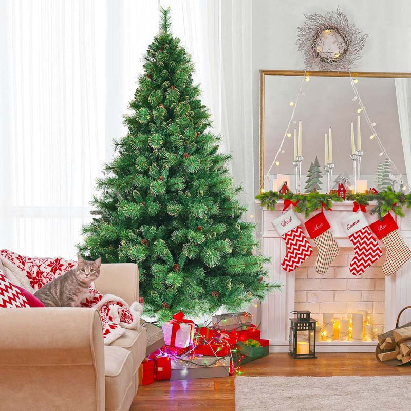 7FT Pre-Lit Christmas Tree with 500 LED Lights Artificial Xmas Tree with 1233 PVC Branch Tips 35 Pine Cones