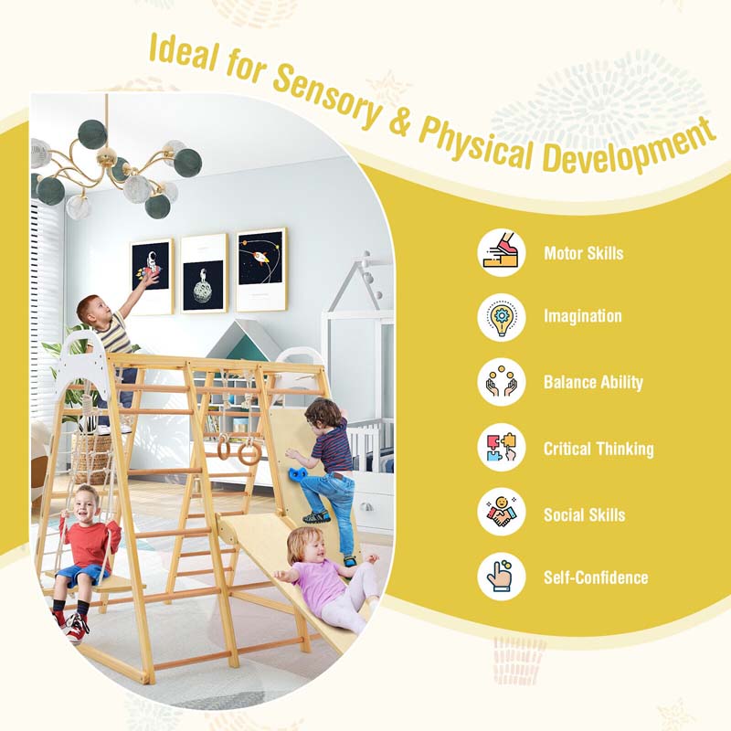 8-in-1 Wooden Climbing Toys for Toddlers, Montessori Kids Indoor Playground Jungle Gym Playset with Slide, Climbing Rock/Net, Monkey Bars