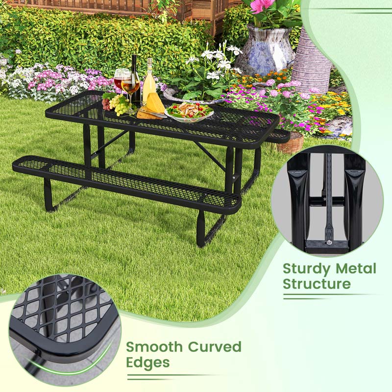 72" 8-Person Mesh Picnic Table Bench Set with Thermoplastic Coated Steel, Heavy Duty Patio Dining Table for Cafe Restaurant Bar