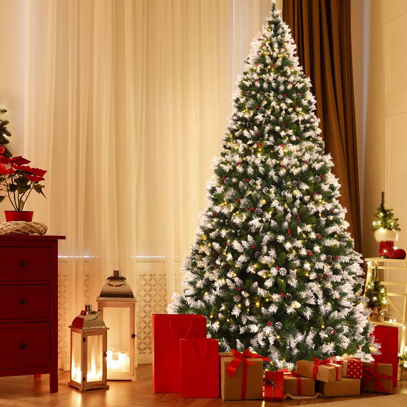 6/7.5/9FT Pre-lit Artificial Christmas Tree, Hinged Snow Flocked Xmas Tree w/Pine Cones, Red Berries & 250/550/900 LED Lights, 8 Lighting Modes