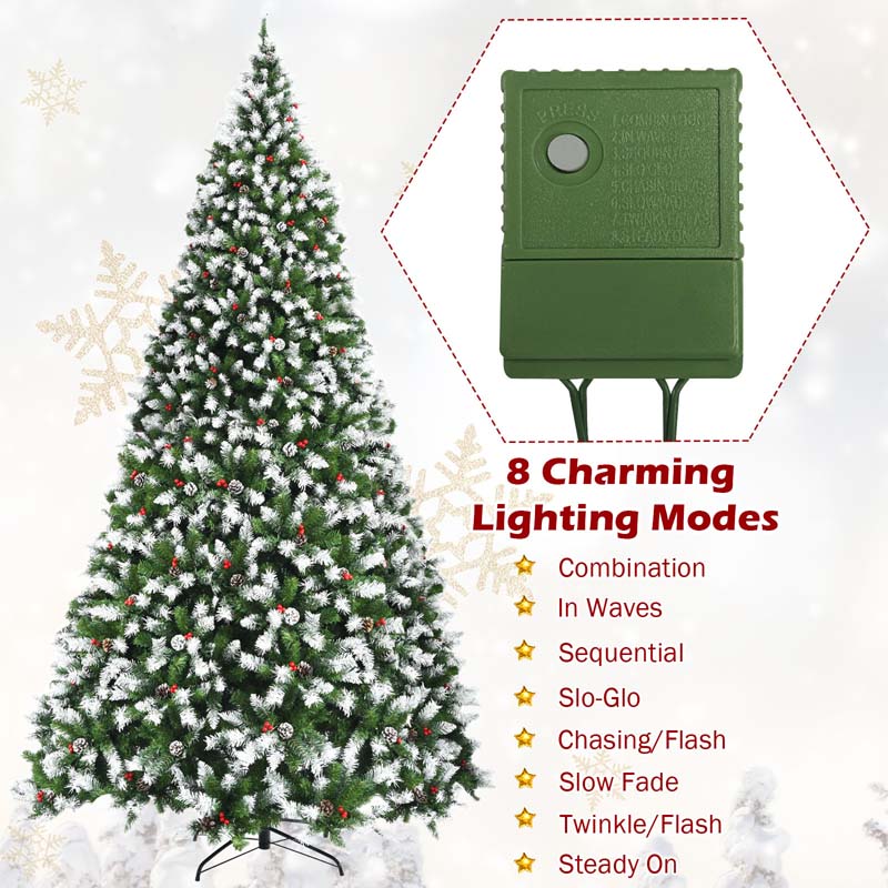6/7.5/9FT Pre-lit Artificial Christmas Tree, Hinged Snow Flocked Xmas Tree w/Pine Cones, Red Berries & 250/550/900 LED Lights, 8 Lighting Modes