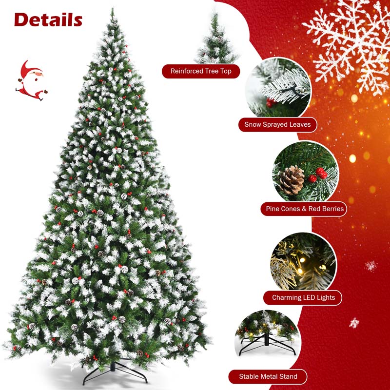 6/7.5/9FT Pre-lit Artificial Christmas Tree, Hinged Snow Flocked Xmas Tree w/Pine Cones, Red Berries & 250/550/900 LED Lights, 8 Lighting Modes