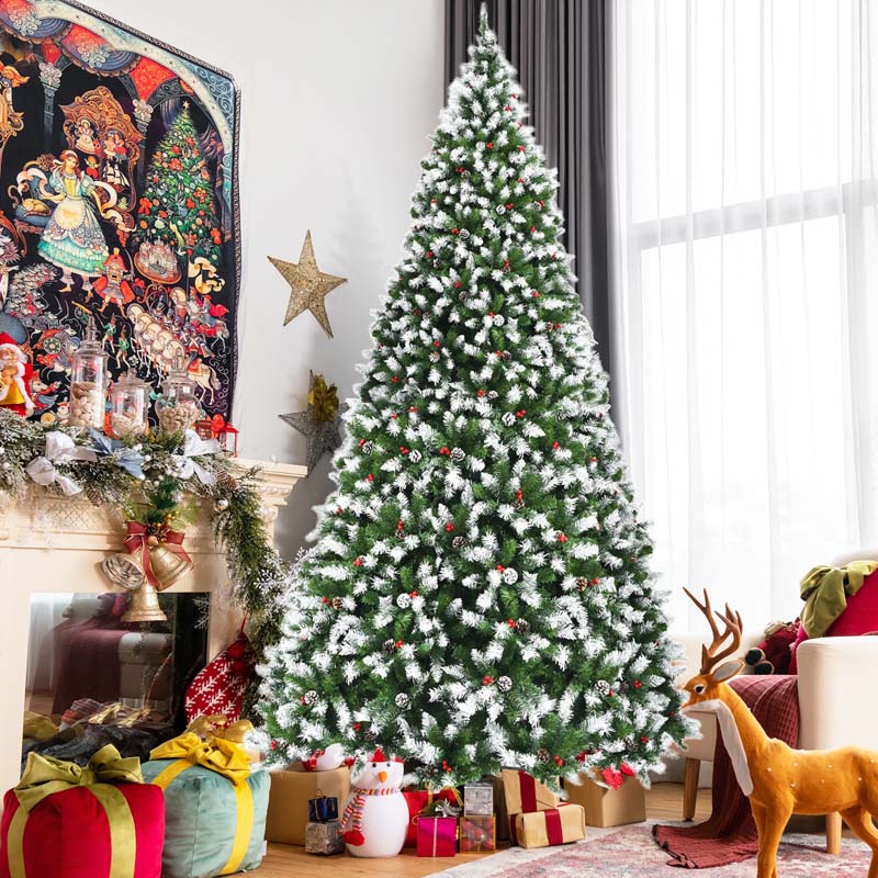 6/7.5/9FT Pre-lit Artificial Christmas Tree, Hinged Snow Flocked Xmas Tree w/Pine Cones, Red Berries & 250/550/900 LED Lights, 8 Lighting Modes