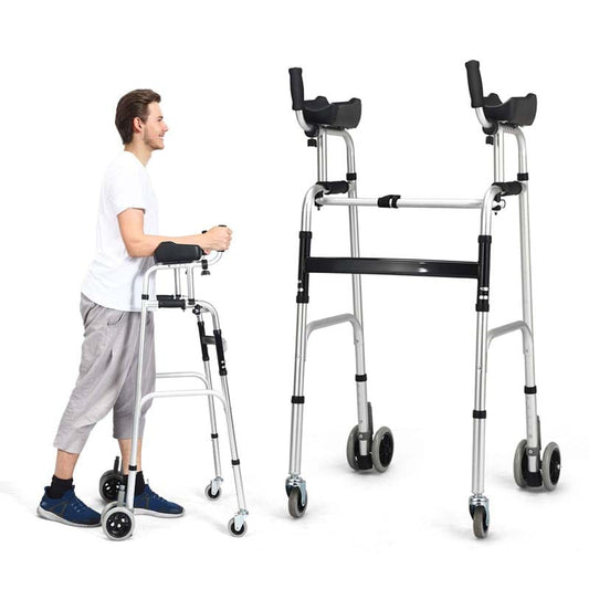 Foldable Standard Walker with 5" Wheels & Padded Armrest, Height Adjustable Walking Mobility Aid for Seniors