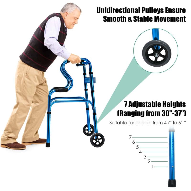 3-in-1 Folding Walker with 5" Wheels & Bi-Level Handrails, 440lbs Heavy Duty Walking Mobility Aid