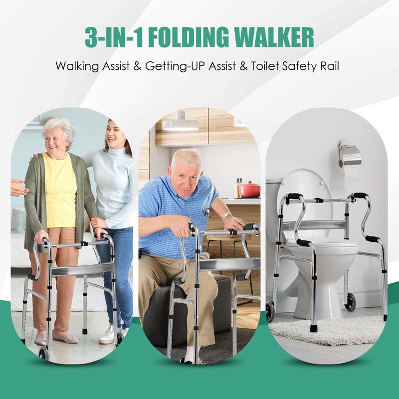 3-in-1 Folding Walker with 5" Wheels & Bi-Level Handrails, 440lbs Heavy Duty Walking Mobility Aid