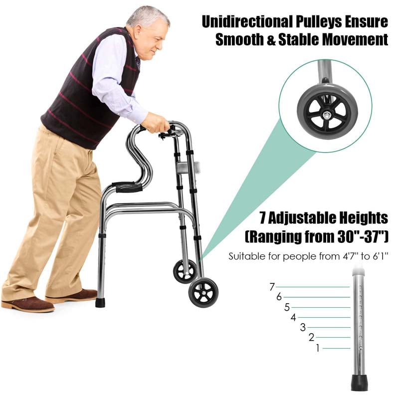3-in-1 Folding Walker with 5" Wheels & Bi-Level Handrails, 440lbs Heavy Duty Walking Mobility Aid