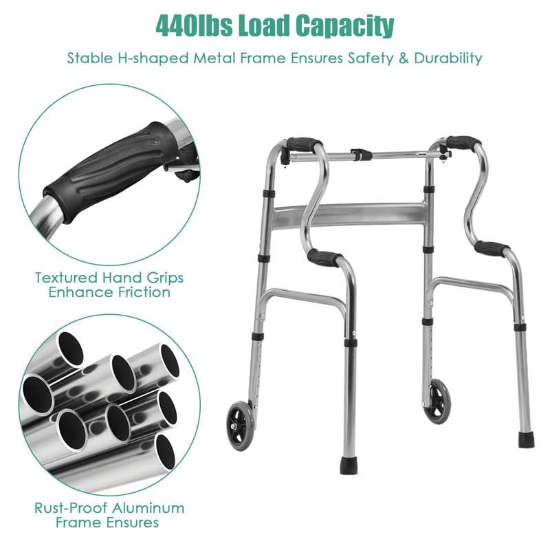 3-in-1 Folding Walker with 5" Wheels & Bi-Level Handrails, 440lbs Heavy Duty Walking Mobility Aid