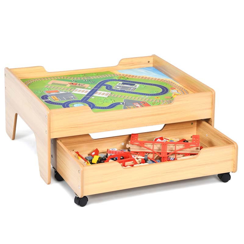 Kids Wooden Train Track Set Table with 100 Multicolor Pieces & Storage Drawer, Toddlers Activity Table Playset Gift for  Boys Girls