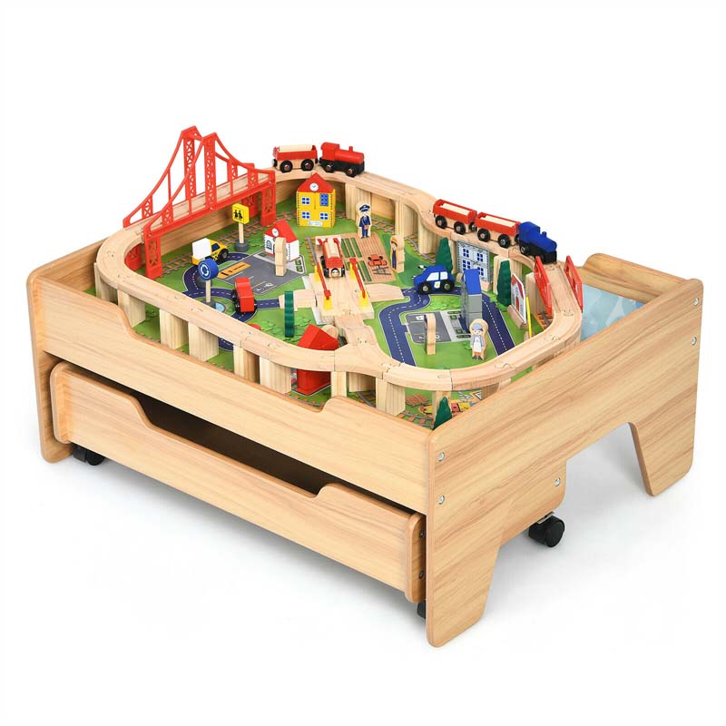 Kids Wooden Train Track Set Table with 100 Multicolor Pieces & Storage Drawer, Toddlers Activity Table Playset Gift for  Boys Girls
