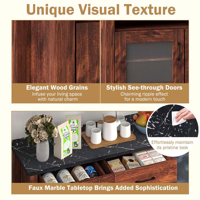 Sideboard Buffet Cabinet, Coffee Bar Cabinet with 2 Drawers, Faux Marble Top, Kitchen Storage Cabinet for Living Room Entryway