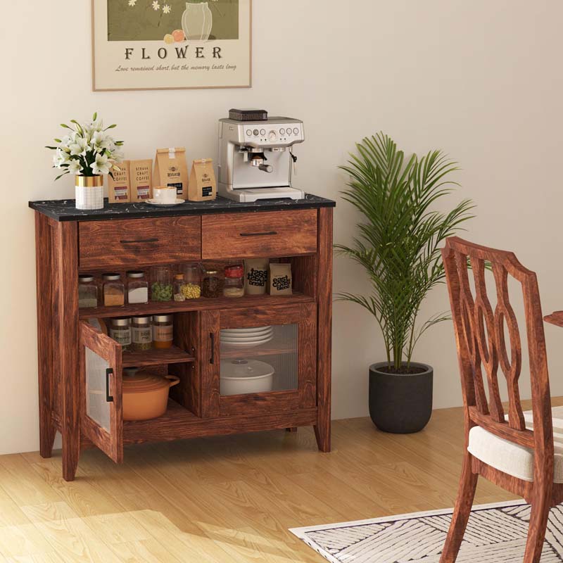 Sideboard Buffet Cabinet, Coffee Bar Cabinet with 2 Drawers, Faux Marble Top, Kitchen Storage Cabinet for Living Room Entryway