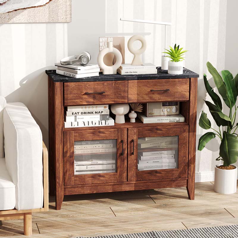 Sideboard Buffet Cabinet, Coffee Bar Cabinet with 2 Drawers, Faux Marble Top, Kitchen Storage Cabinet for Living Room Entryway