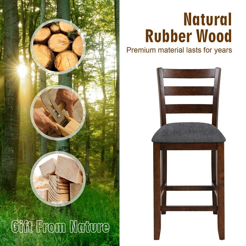 25.5" Linen Fabric Upholstered Bar Stools with Back, Solid Rubber Wood Bar Height Dining Chairs for Kitchen