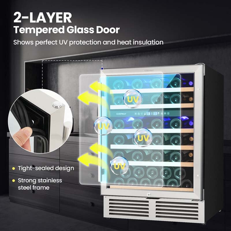 51 Bottles Dual Zone Wine Cooler Refrigerator with Reversible Door, 24" Built-in or Freestanding Mini Wine Fridge for Home Bar Office