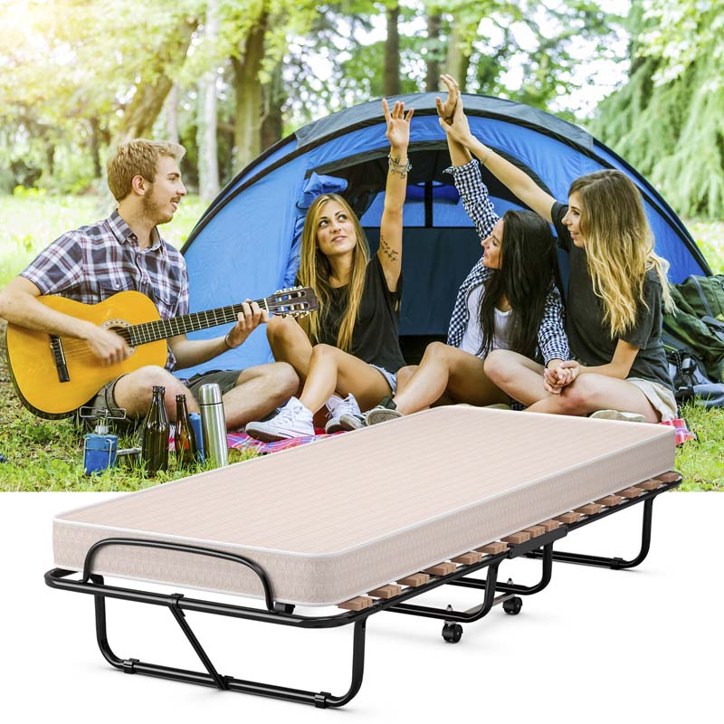 75" x 31.5" Rollaway Bed with Mattress, Folding Guest Bed Portable Sleeper Bed Cot