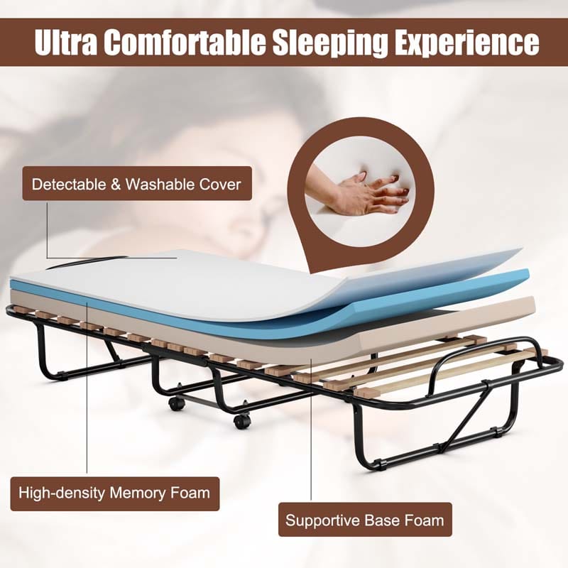 75" x 31.5" Rollaway Bed with Mattress, Folding Guest Bed Portable Sleeper Bed Cot