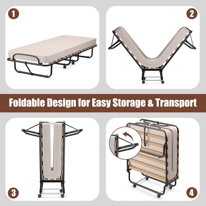 75" x 31.5" Rollaway Bed with Mattress, Folding Guest Bed Portable Sleeper Bed Cot