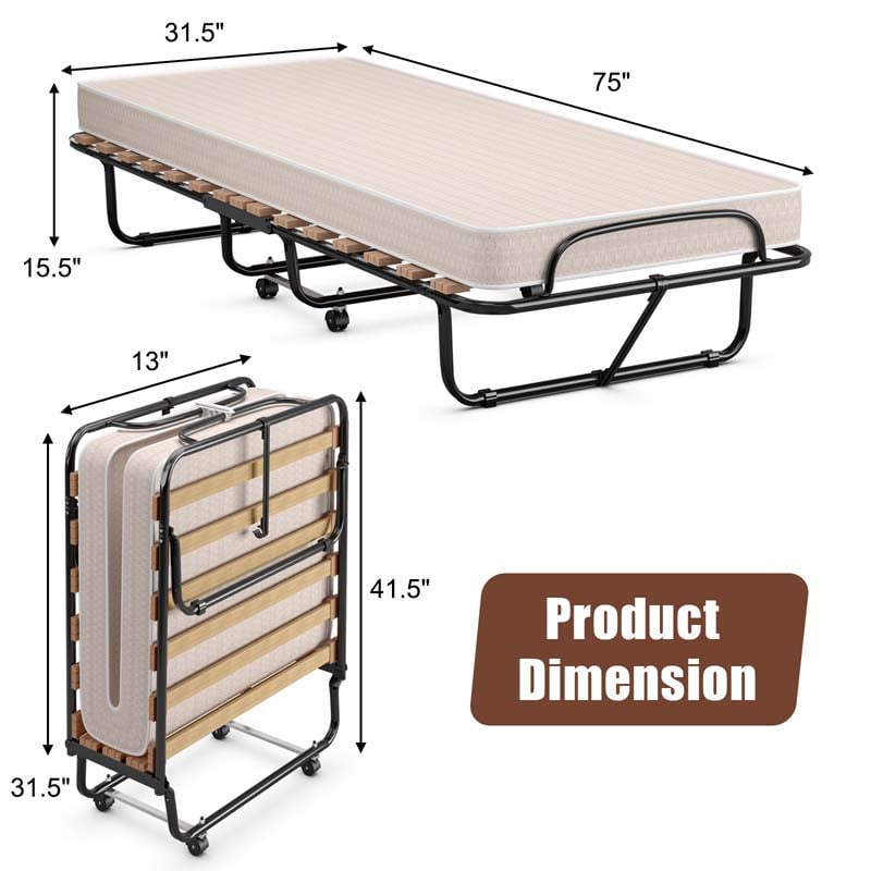 75" x 31.5" Rollaway Bed with Mattress, Folding Guest Bed Portable Sleeper Bed Cot