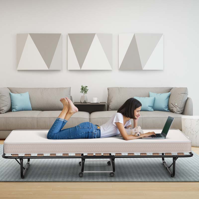 75" x 31.5" Rollaway Bed with Mattress, Folding Guest Bed Portable Sleeper Bed Cot
