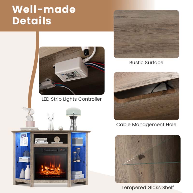 Modern Corner Fireplace TV Stand with LED Lights for TVs up to 50", Entertainment Center with Electric Fireplace & APP Control