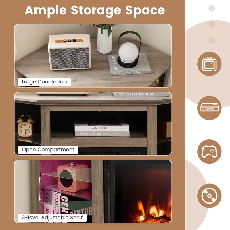 Modern Corner Fireplace TV Stand with LED Lights for TVs up to 50", Entertainment Center with Electric Fireplace & APP Control