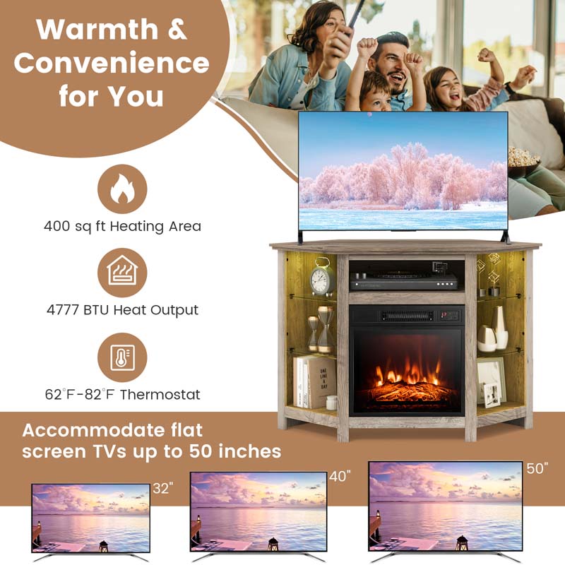 Modern Corner Fireplace TV Stand with LED Lights for TVs up to 50", Entertainment Center with Electric Fireplace & APP Control