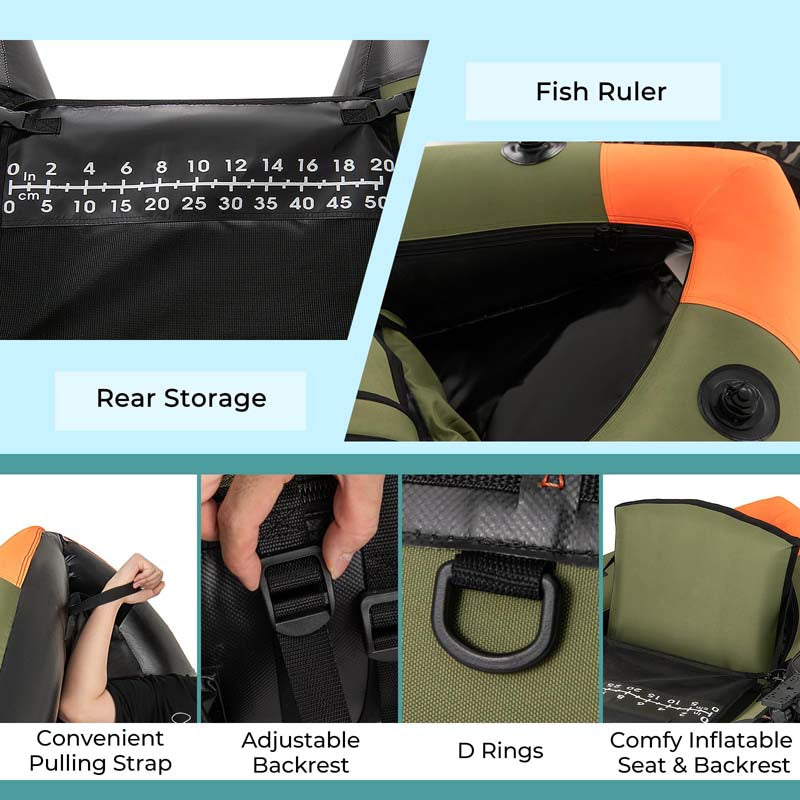 350LBS Inflatable Belly Boat with Fish Finder Holder, Rod Rack, Fish Ruler, Storage Boxes, Portable Backpack Fishing Float Tube