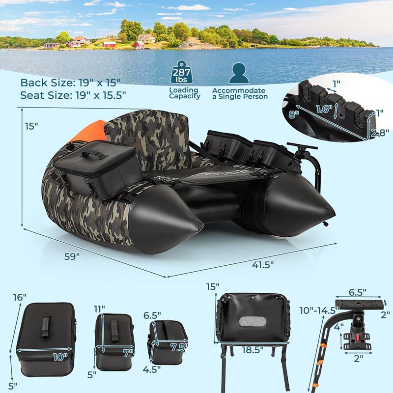 350LBS Inflatable Belly Boat with Fish Finder Holder, Rod Rack, Fish Ruler, Storage Boxes, Portable Backpack Fishing Float Tube