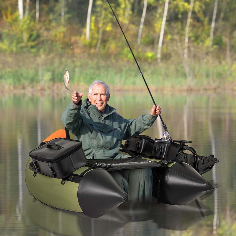 350LBS Inflatable Belly Boat with Fish Finder Holder, Rod Rack, Fish Ruler, Storage Boxes, Portable Backpack Fishing Float Tube