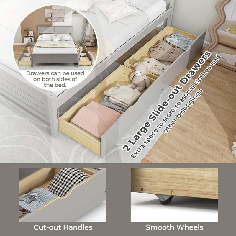 Twin/Full Size Solid Wood Platform Bed Frame with 2 Storage Drawers & Headboard, Wooden Slats Support Mattress Foundation