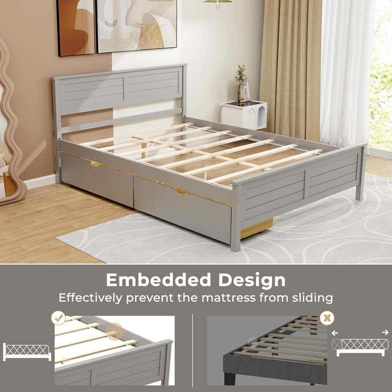 Twin/Full Size Solid Wood Platform Bed Frame with 2 Storage Drawers & Headboard, Wooden Slats Support Mattress Foundation