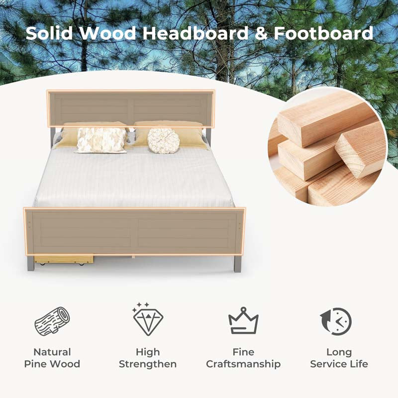 Twin/Full Size Solid Wood Platform Bed Frame with 2 Storage Drawers & Headboard, Wooden Slats Support Mattress Foundation
