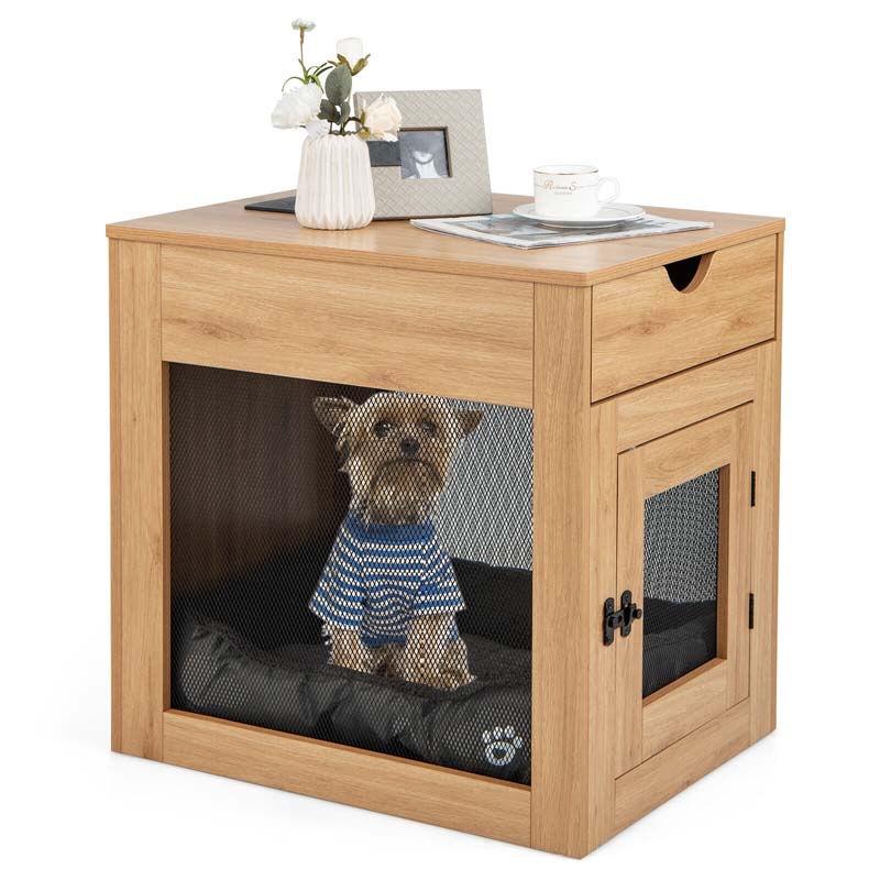 Furniture Style Small Dog Crate with Wireless Charging Station, Wooden Dog Kennel End Table with Cushion & Drawer, Latched Door