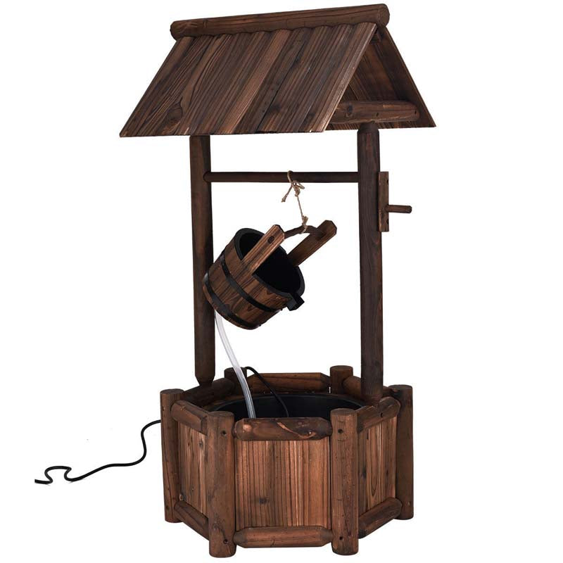 Outdoor Old-Fashioned Wishing Well Wood Waterfall Fountain with Bucket Pump, Rustic Farmhouse Decoration for Garden Backyard