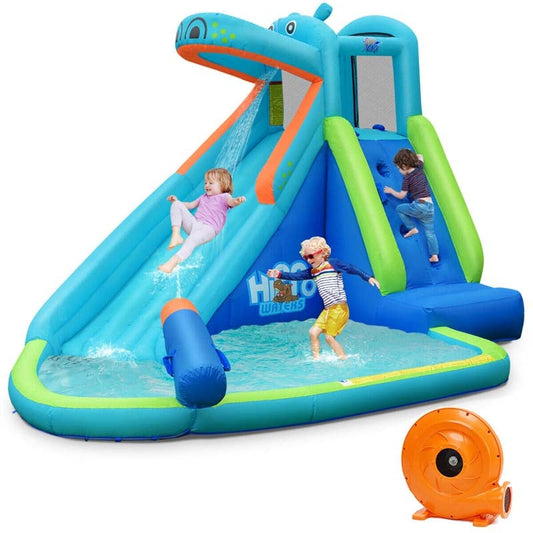 5-in-1 Hippo Theme Inflatable Water Slide, Bounce House Water Park with Slide, Splash Pool, Climbing, Water Cannon & 740W Blower for Kids Backyard Fun