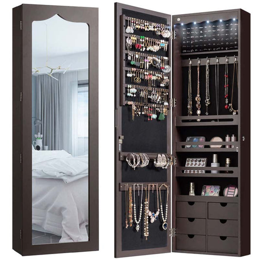 5 LEDs Mirror Jewelry Armoire Wall Door Mounted, Lockable Jewelry Organizer Cabinet with 6 Drawers and Full Length Mirror