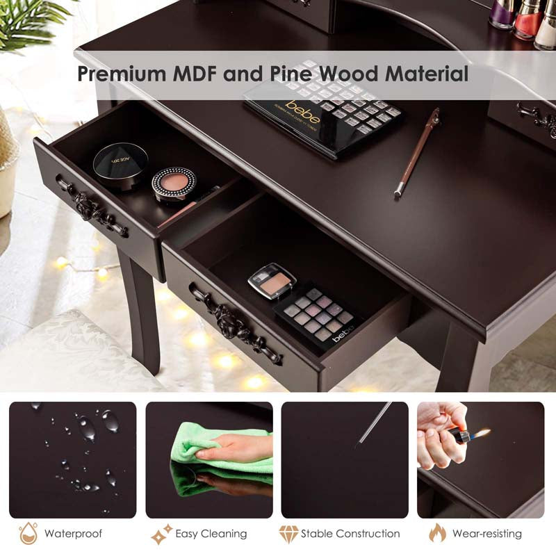 4-Drawer Makeup Vanity Table Set with 10 LED Lights, Storage Shelf, Rose Knob, Bedroom Dressing Makeup Table Vanity Desk