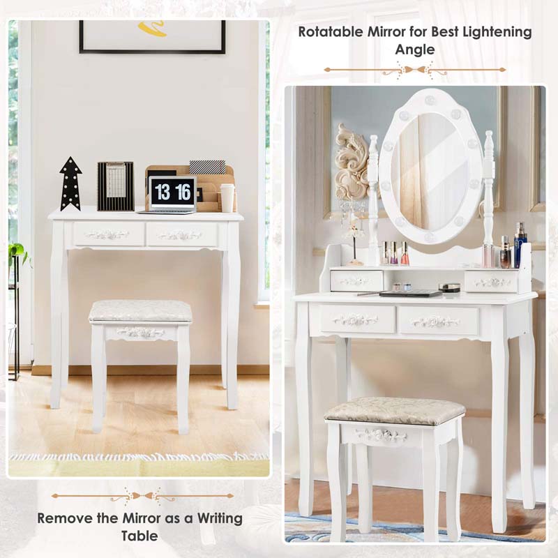 4-Drawer Makeup Vanity Table Set with 10 LED Lights, Storage Shelf, Rose Knob, Bedroom Dressing Makeup Table Vanity Desk