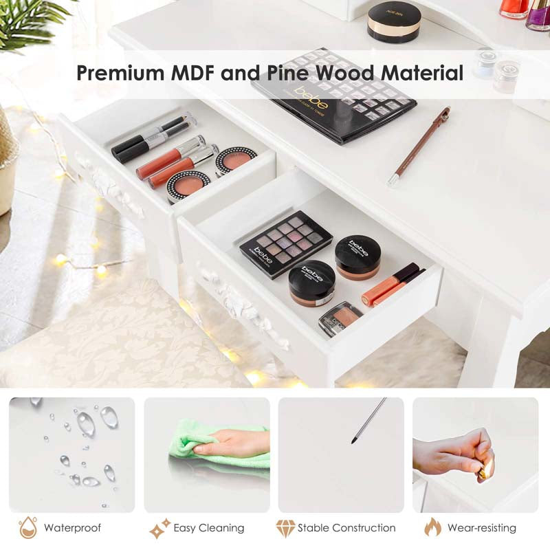 4-Drawer Makeup Vanity Table Set with 10 LED Lights, Storage Shelf, Rose Knob, Bedroom Dressing Makeup Table Vanity Desk